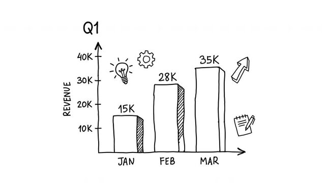 Q1 performance overview revenue growth bar chart lightbulb gear arrow notepad pen 4K Hand Drawn Animation