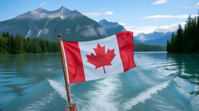 Canadian civic holiday celebration flag waving on lake with mountain backdrop