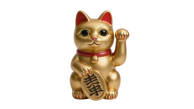 Isolated golden Maneki-neko lucky cat figurine, a traditional Japanese symbol of good fortune