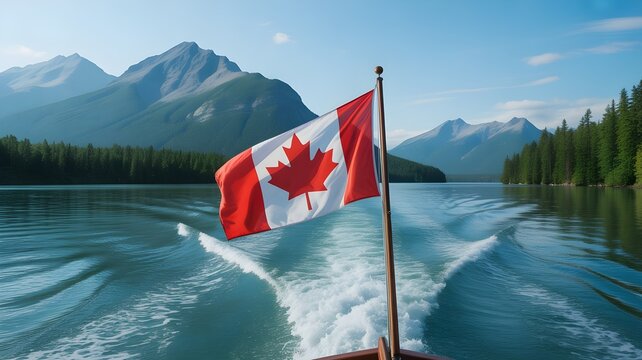 Civic holiday canadian landscape boat with canadian flag and mountain views