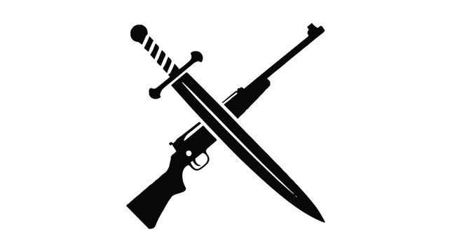 A black silhouette illustration of a crossed rifle and dagger with a bayonet