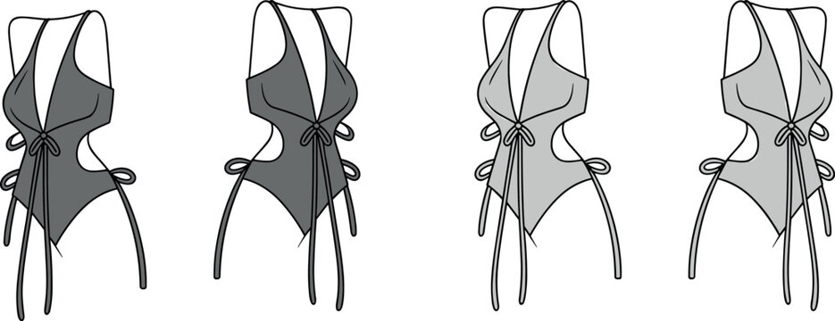 Art & IllustrationVector fashion technical sketch of a plunging neckline monokini swimsuit with side cutouts and adjustable tie strings in multiple grayscale views for design. (24 words)