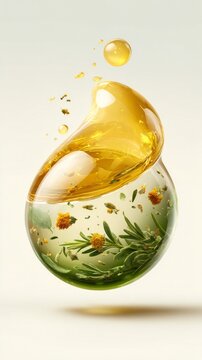 A captivating blend of golden and green oils with infused herbs and flowers.