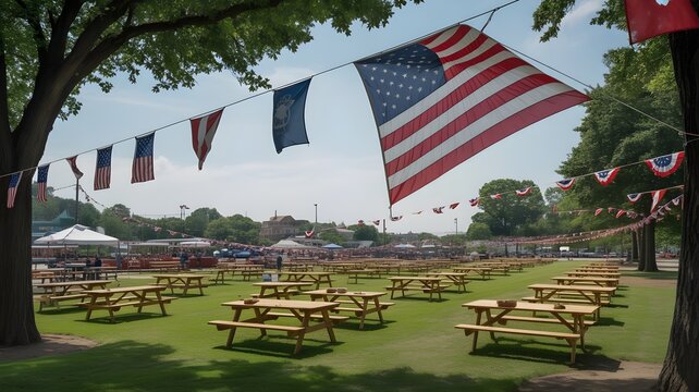 Civic holiday celebration outdoor park event with american flags and picnic tables