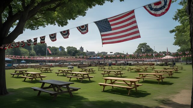 Civic holiday celebration outdoor park with picnic tables and american flags