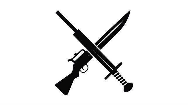 A black silhouette illustration of a gun and sword crossed over each other