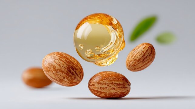 Almonds and almond oil with a minimalist design and natural elements.