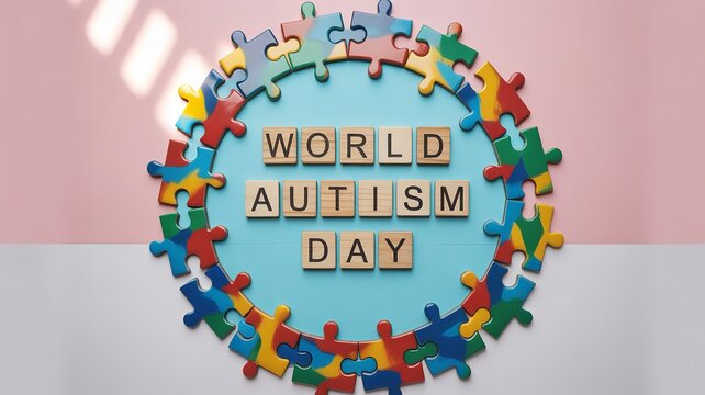 World Autism Day circular puzzle arrangement with colorful pieces surrounding wooden letter tiles symbolizing awareness and understanding
