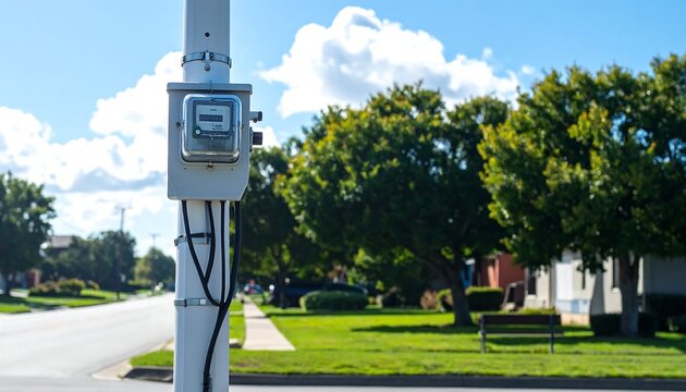 Gray Utility Meter Mounted on Pole Along Sunny Suburban Street