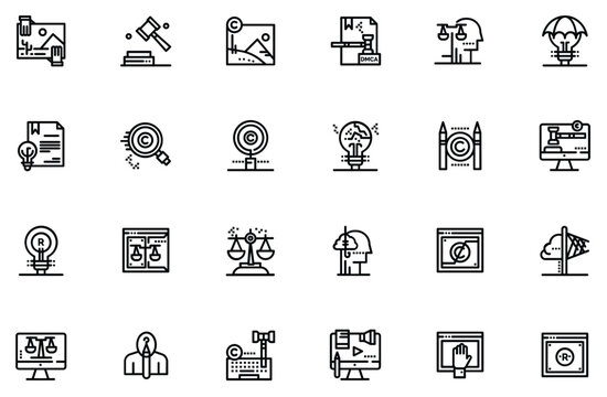 Copyright and intellectual property line icons set featuring law justice trademark dmca patent and legal protection vector