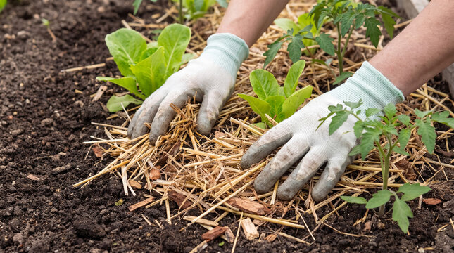 Gardener hands adding natural straw mulch around growing vegetable plants for improved soil health
