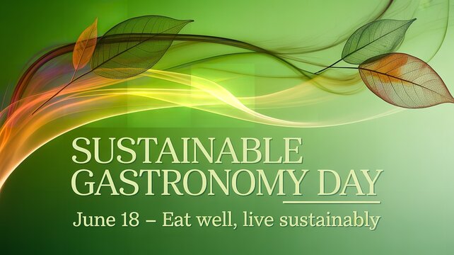 Sustainable Gastronomy Day abstract green background with flowing lines and colorful leaves promoting eco friendly food awareness