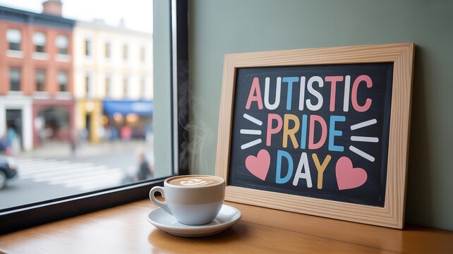 Autistic Pride Day framed sign with colorful text and heart shapes beside coffee cup on wooden table by window promoting awareness