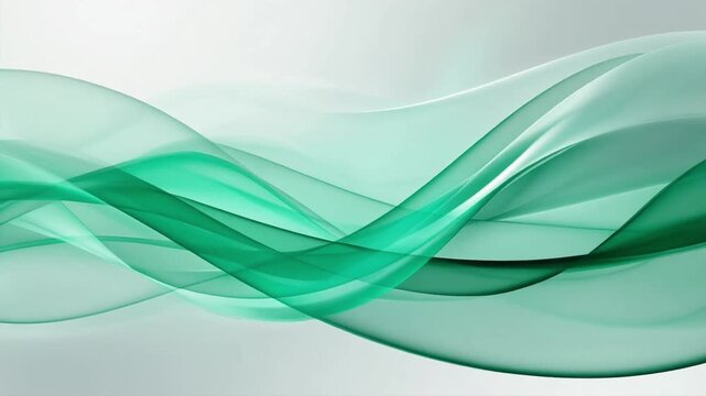 Premium abstract 4K motion loop background with transparent layered ribbons in gradient emerald green, jade, soft mint, and white, for business use.