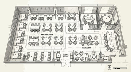 Obraz premium Restaurant floor plan layout with dining area and lounge