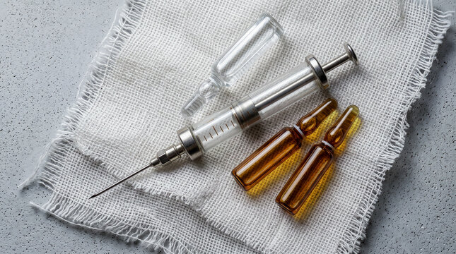Bird's-eye flatlay of a pristine glass syringe and twin amber ampoules on a highly textured cotton gauze pad. Sophisticated off-white, slate grey, and amber palette.
