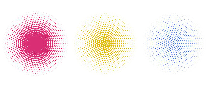 Halftone Dotted Circles CMYK Color Trio Abstract Background Graphic Design With Radial Dot Pattern
