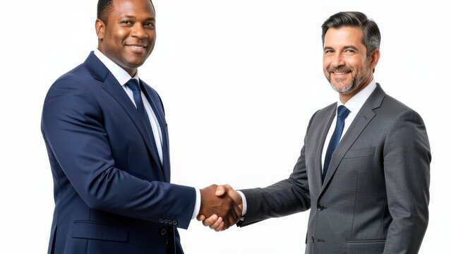 successful handshake between diverse businessmen in suits against white studio background for corporate marketing materials