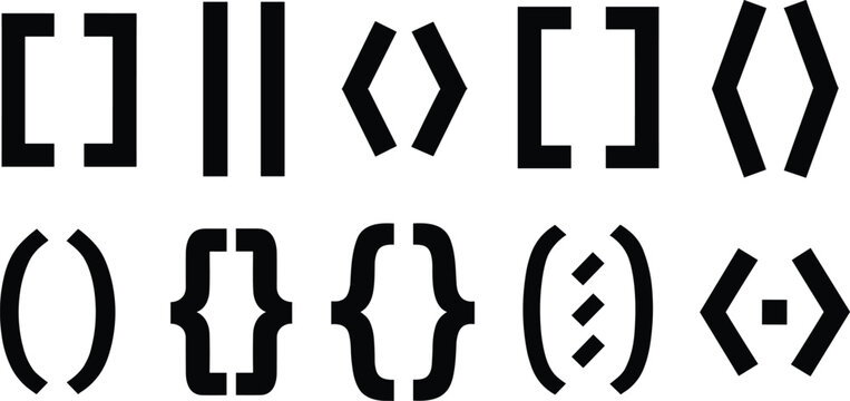 Minimalist Coding Brackets and Parentheses Vector Icon Set with Curly Braces, Square Brackets, and Punctuation Symbols for Programming Website Layouts