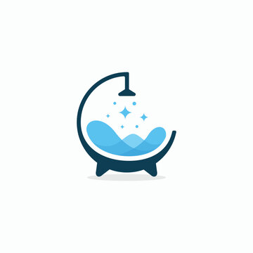 Modern bathtub logo design with shower head and water waves.