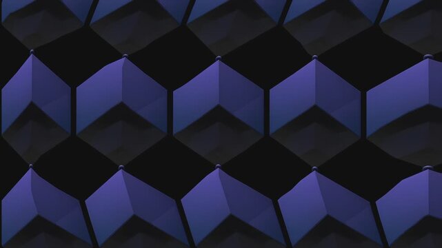 Abstract 3D motion background with rotating dark purple geometric cubes in a repetitive grid pattern.
