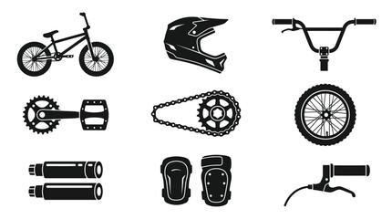 Obraz premium Black and White Glyph Icons of BMX Bike Parts and Safety Gear