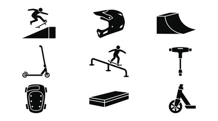 Obraz premium Skateboarding and Scooter Extreme Sports Glyph Icons Set. Black Vector Silhouettes of Action Sports Equipment, Ramps, Helmet, Pads, Tools, and Riders.