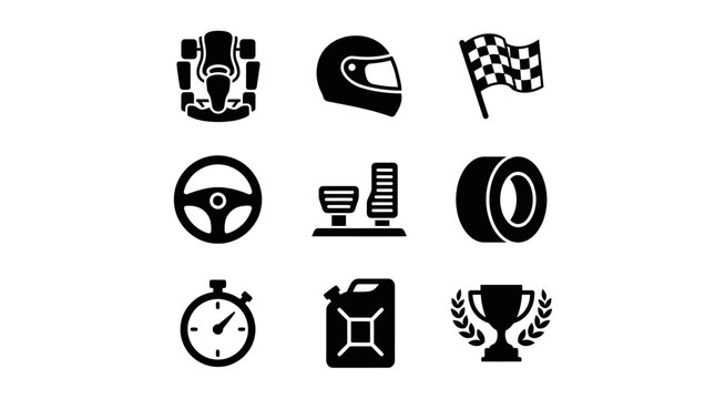 Racing Icons Set: Go Kart, Helmet, Flag, Steering Wheel, Pedals, Tire, Stopwatch, Gas Can, Trophy - Black Glyph Style