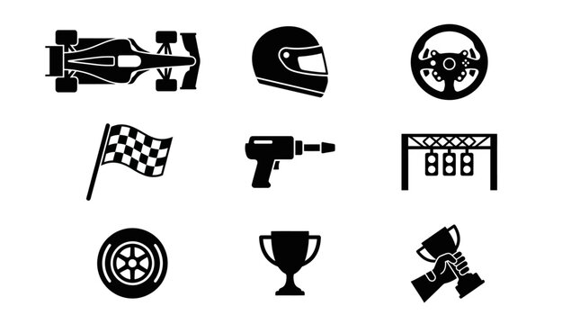 Motorsports Racing Glyph Icons Set. Vector Symbols for Auto Race, Speed, Pit Stop, Driver Helmet, Steering Wheel, Flag, Tire, and Trophy Championship.