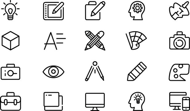 Graphic Design and Creative Art Studio Line Icon Set for Digital Branding Agency Portfolios Typography Layouts Vector Engineering Architecture Drafts and Multimedia Editing Software