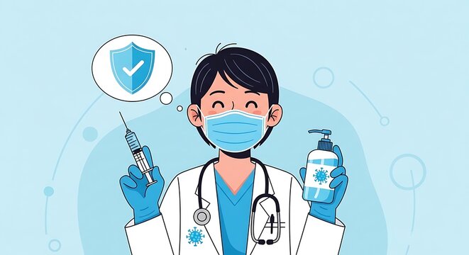 Smiling Medical Doctor Holding Vaccine Syringe and Sanitizer in Healthcare Illustration