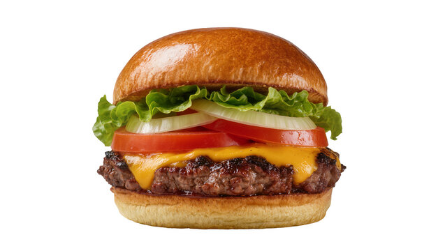 Isolated appetizing classic cheeseburger with juicy beef patty, fresh vegetables and melted cheese