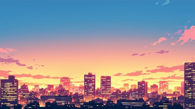 鮮やかな夕焼け空に染まる近代都市のビル群と街並み