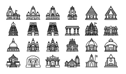 Indian Temple Outline Icon Set with Ancient Heritage Architecture Line Vector Collection © Yeasin