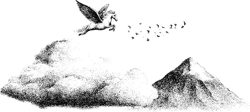 Stippled black and white pegasus flying from cloud bank over mountain with flock of birds for fantasy background and poster design