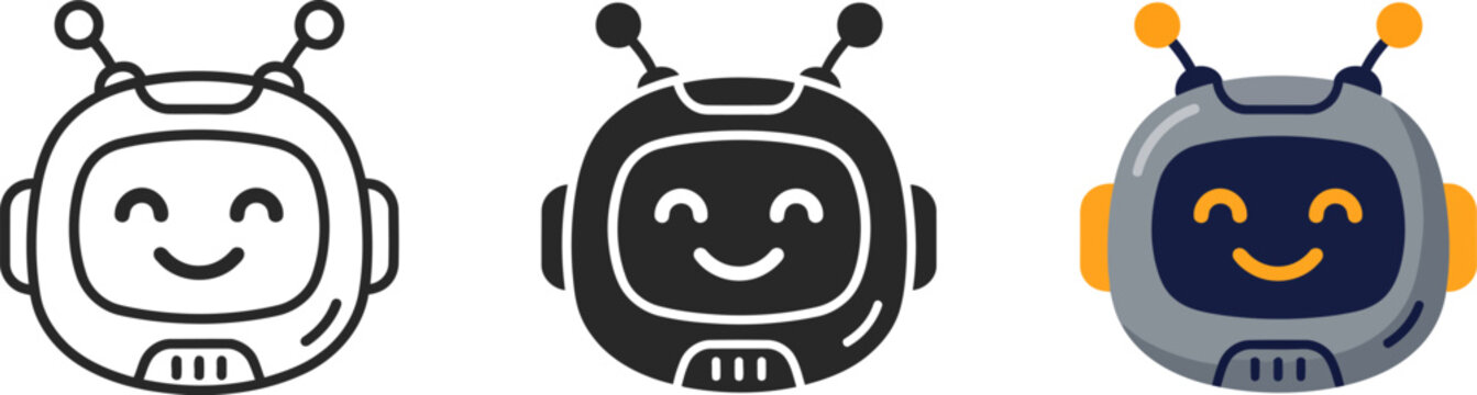 Set of three cute smiling robot head icons in line art solid black and colorful flat vector styles for technology interface design