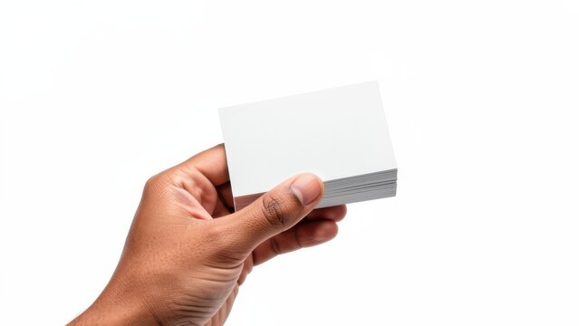 diverse hands presenting stack of blank business cards on clean white background symbolizing professional potential for branding