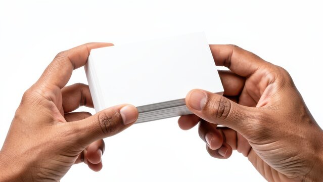 diverse hands presenting stack of blank business cards on clean white background symbolizing professional potential for branding