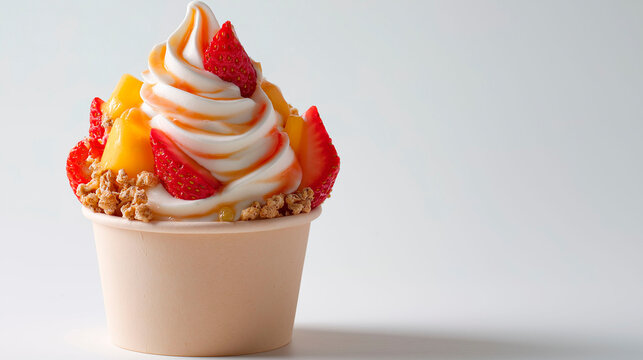 frozen yogurt served with strawberries mango granola and fruit topping in a clean paper cup concept of healthy dessert dairy products summer refreshment and modern food styling with copyspace