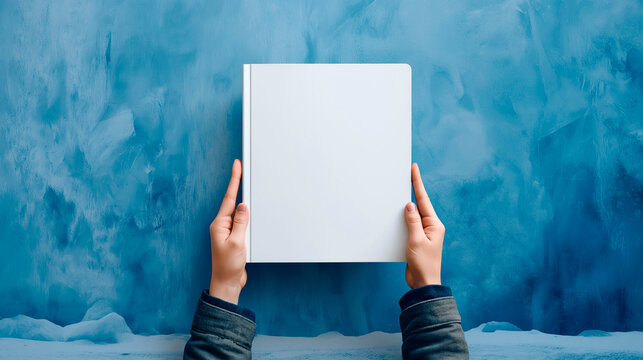 blank hardcover book held by hands against a frozen blue background concept of publishing branding education editorial design and creative presentation with copyspace