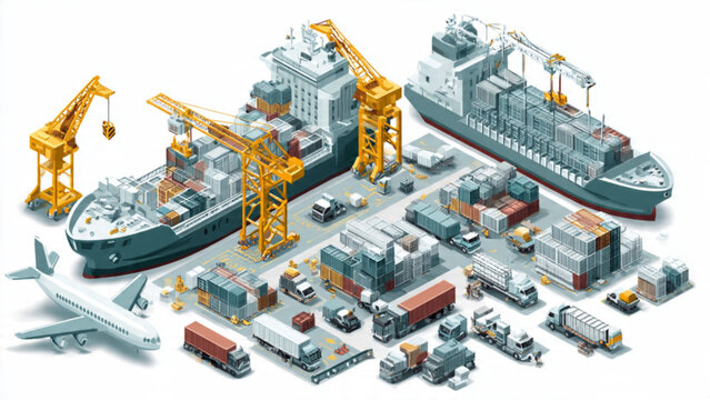 isometric cargo ships docked at port with cranes containers and trucks scene for transportation logistics