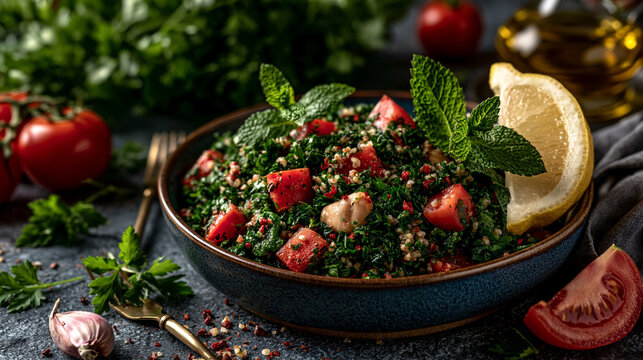 Fresh tabbouleh salad with parsley tomatoes and lemon in bowl tabbouleh tomatoes vegetarian culinary