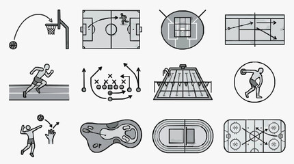 Clean Black and White Line Illustrations of Various Sports Techniques and Tactics on Courts and Fields © Akut