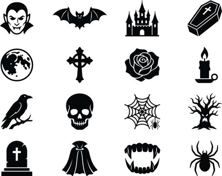 Set of spooky halloween theme icons featuring skull coffin and vampire teeth.