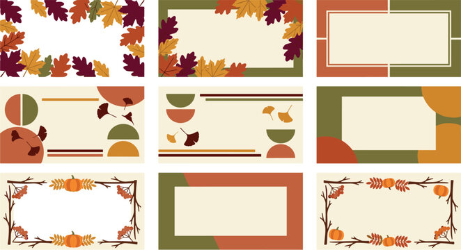 Autumn border and frame collection featuring colorful fall leaves, pumpkins, acorns, seasonal foliage, and decorative template backgrounds vector illustration set