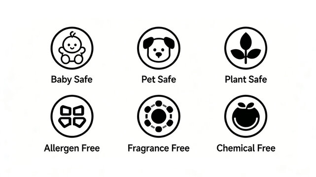The circular badge indicates multiple adaptive attributes such as mother, baby, pet, and plant, representing the concepts of hypoallergenic formula, home safety, and gentle care
