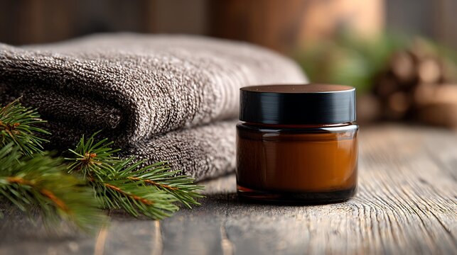 Round brown glass balm jar with black cap on textured wood, next to folded towel and pine decor