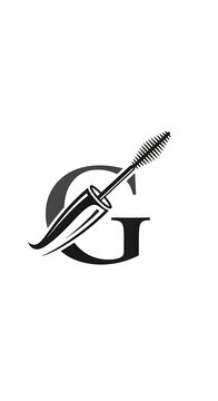 Black Mascara Wand and Stylized Letter G Logo on White Background