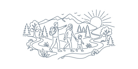 Fototapeta premium Line art illustration of a family hiking together in nature.