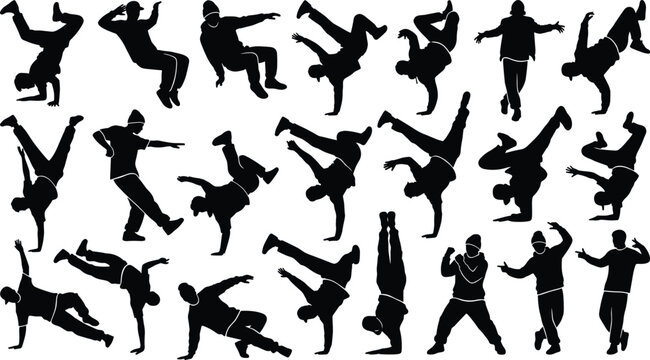 Breakdance silhouettes set with active hip hop dancers performing acrobatic freezes, handstands, and street dance moves on white background